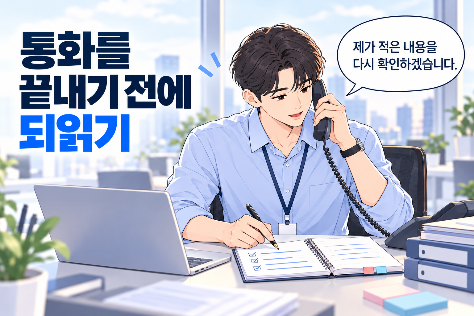 전화 받은 내용을 메모한 뒤 통화가 끝나기 전에 상대에게 다시 읽어 확인하는 신입사원