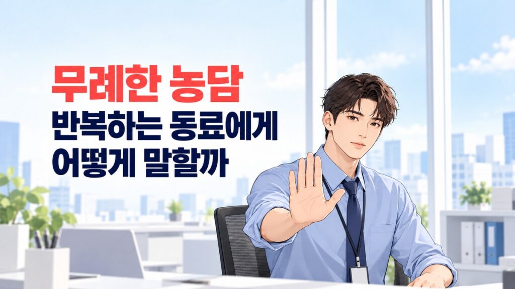 무례한 농담을 반복하는 동료에게 손을 들어 차분히 중단을 요청하는 직장인