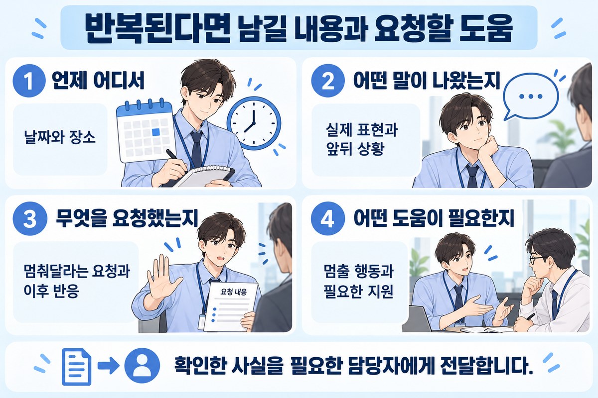 무례한 농담을 반복하는 동료의 표현과 날짜, 요청 내용과 필요한 지원을 정리하는 네 장면