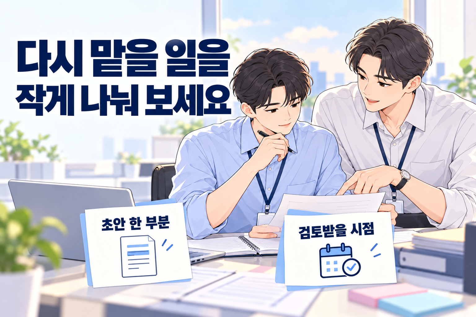 업무 실수로 자신감이 떨어졌을 때 초안 한 부분과 검토 시점을 선배와 정하는 신입사원