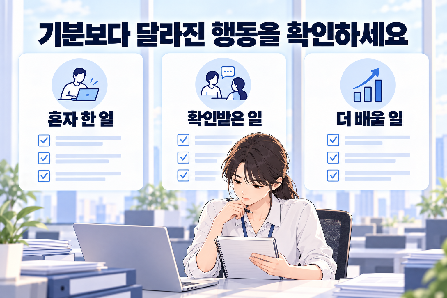 회사에 적응하는 데 얼마나 걸릴까 생각하며 혼자 한 일과 더 배울 일을 나누어 적는 신입사원