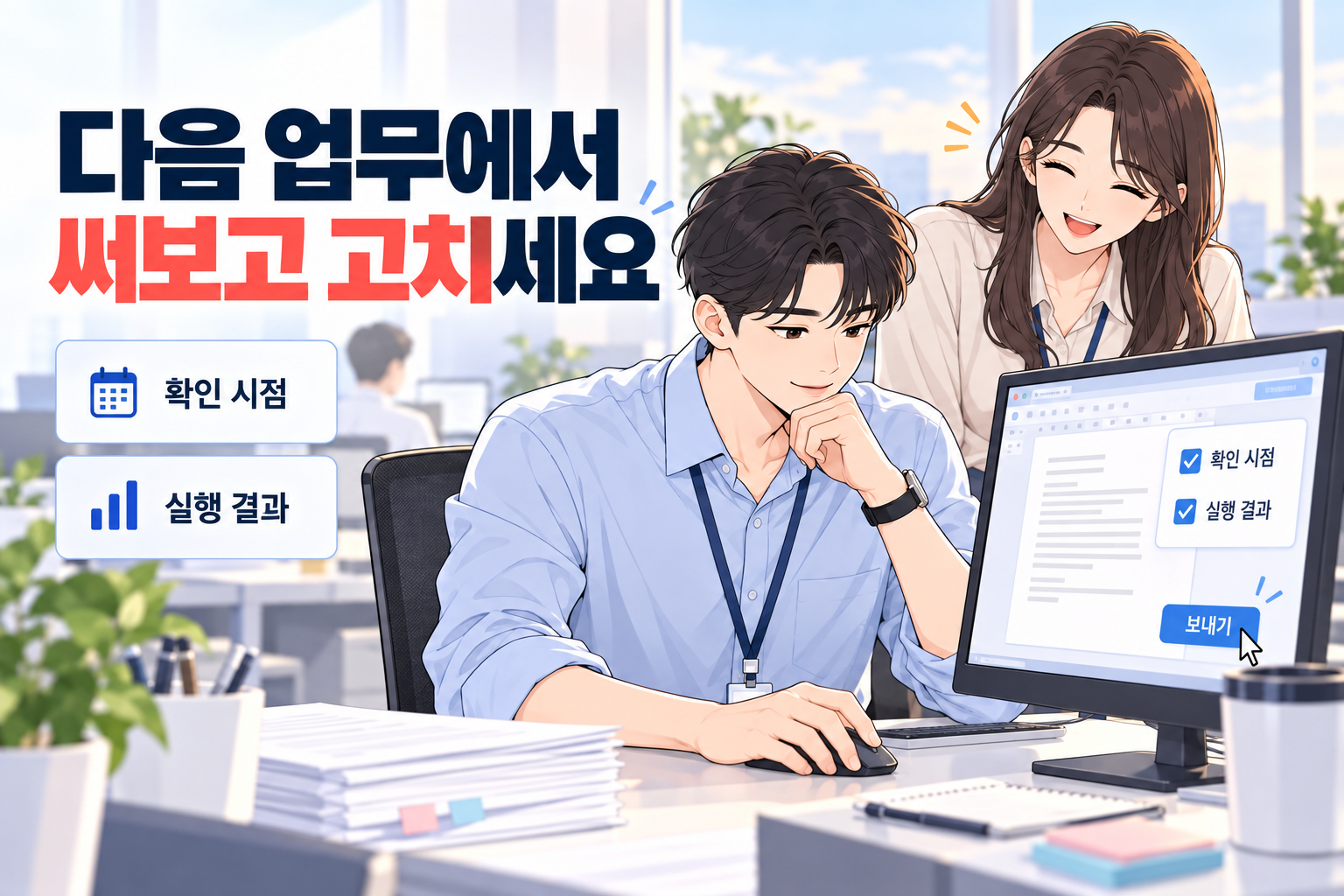 다음 업무에서 확인 항목을 사용하고 실행 결과를 선배와 살펴보는 신입사원