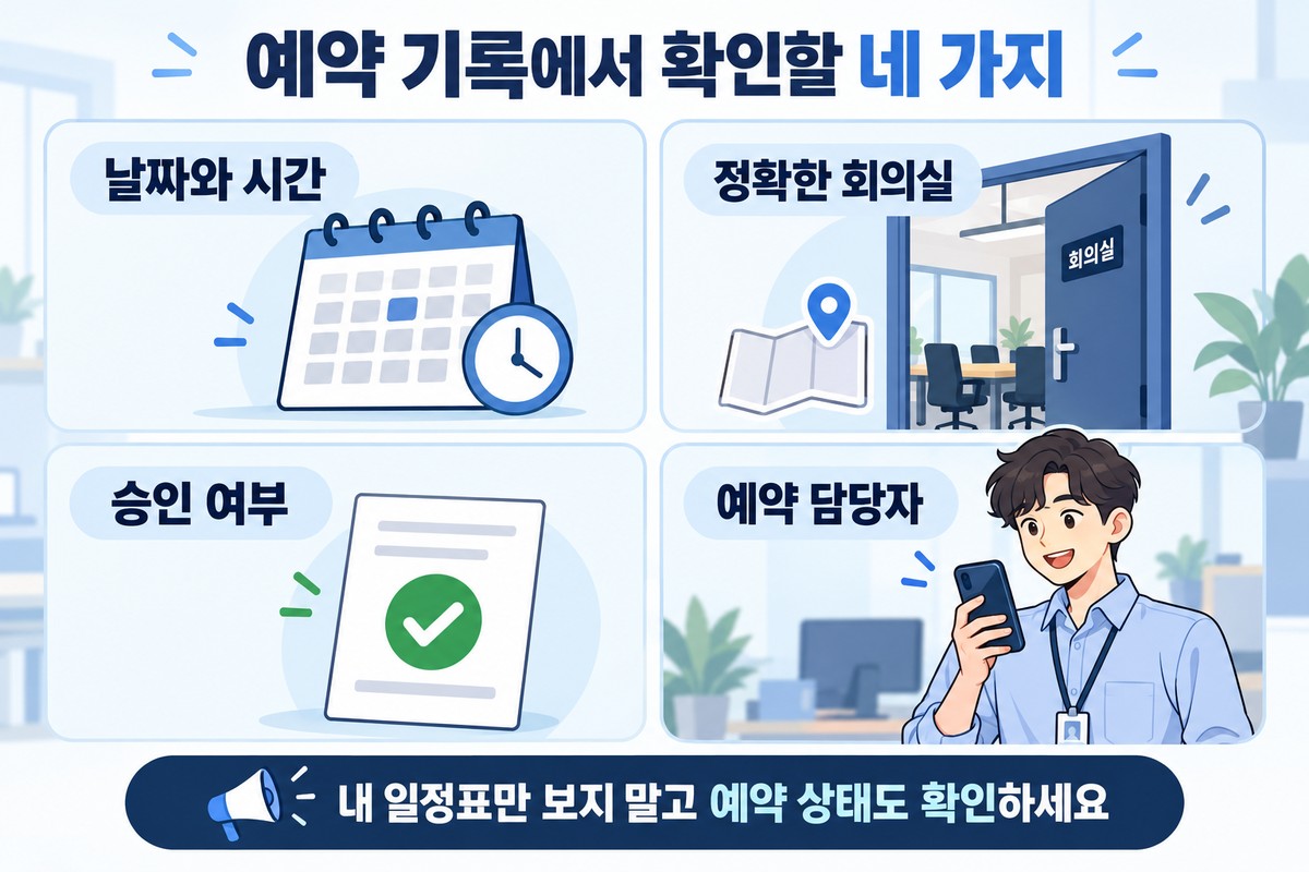 회의실 예약 기록에서 날짜와 시간, 정확한 회의실, 승인 여부와 담당자를 확인하는 네 가지 카드