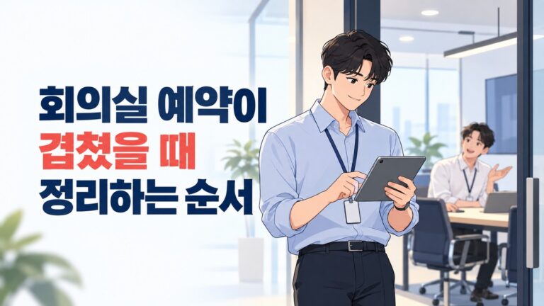 회의실 예약이 겹쳐 문 앞에서 일정표를 확인하는 남성 직장인