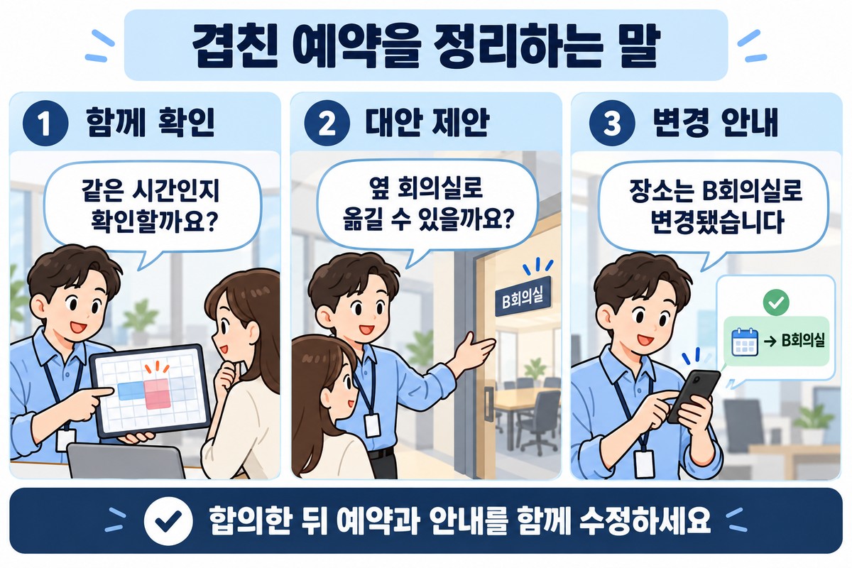 회의실 예약 충돌 때 함께 확인하고 대안을 제안한 뒤 장소 변경을 안내하는 세 가지 대화 예시