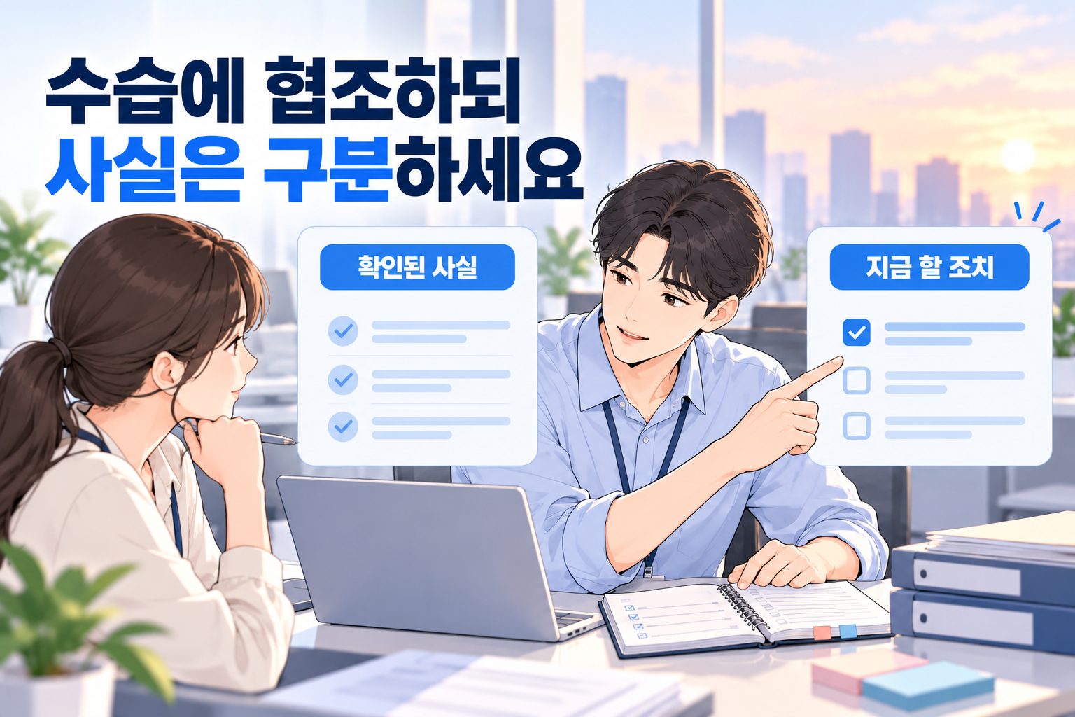 확인된 사실과 지금 도울 수 있는 조치를 나누어 동료와 이야기하는 직장인