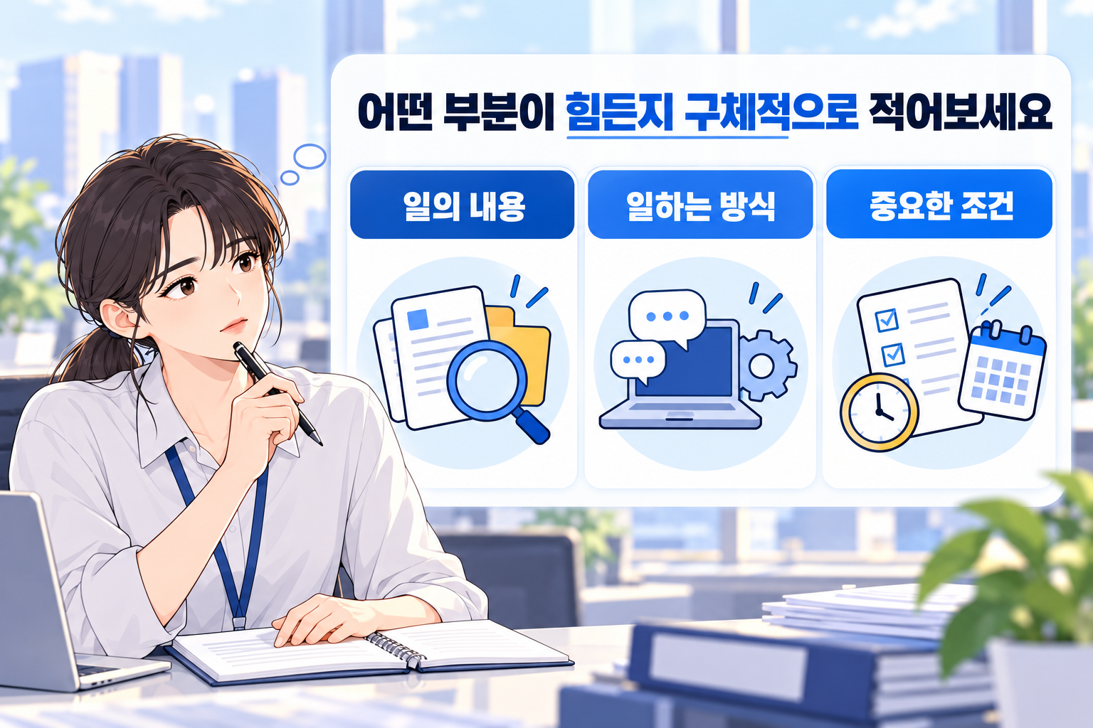 첫 직장이 나와 안 맞는 걸까 생각하며 일의 내용과 일하는 방식, 중요한 조건을 적는 직장인