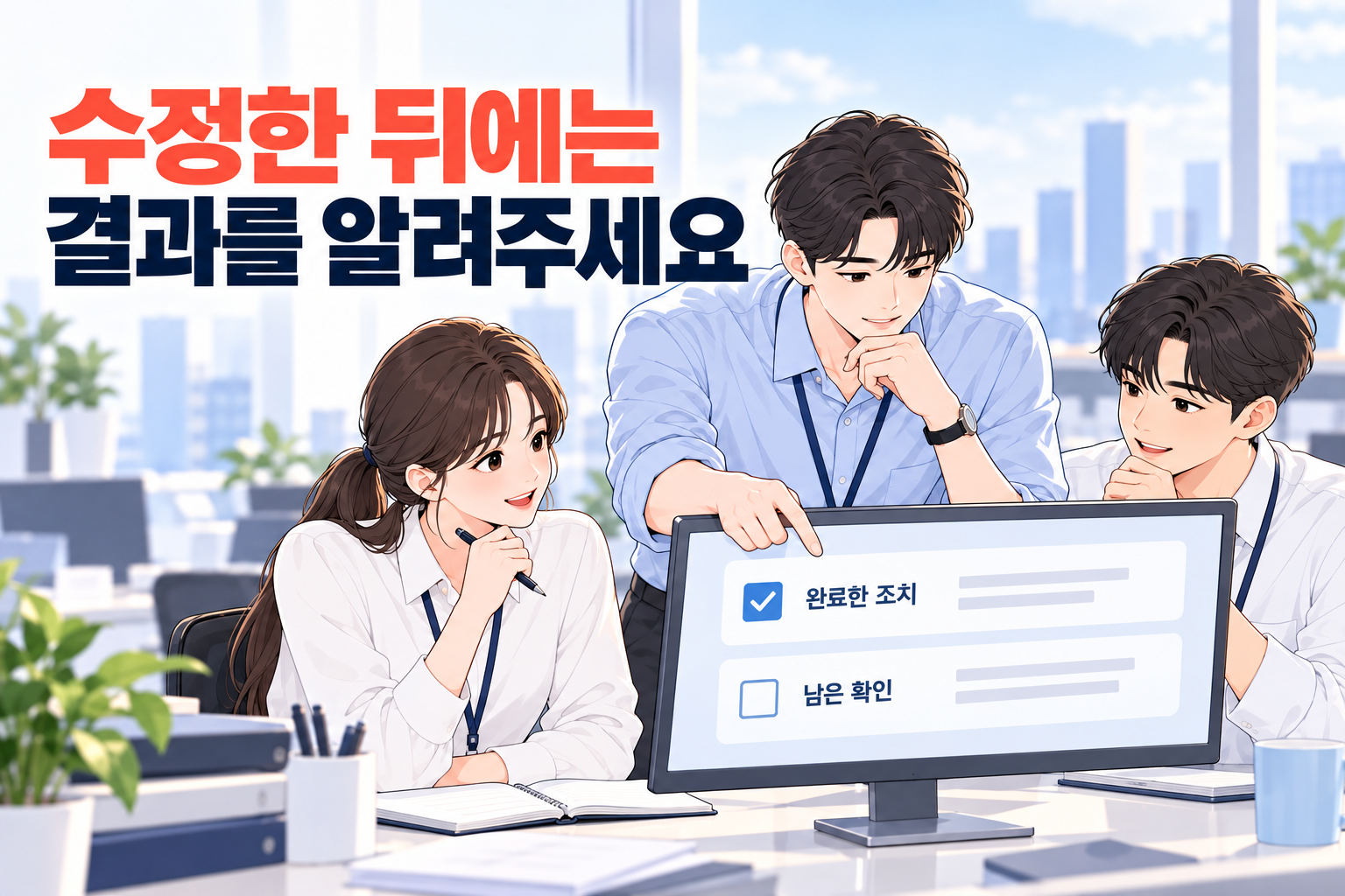 수정 후 완료한 조치와 남은 확인을 나누어 동료들에게 설명하는 신입사원