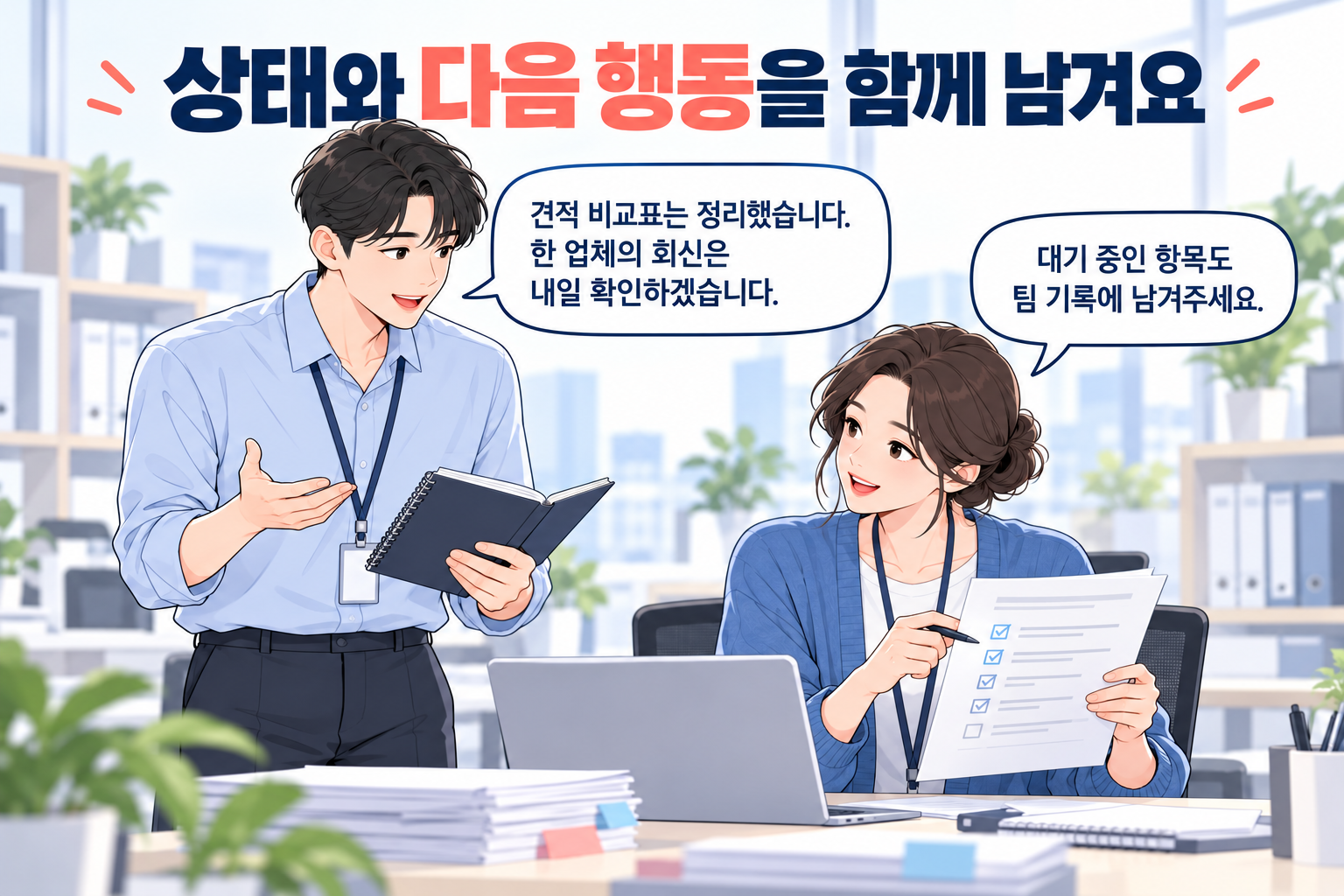 퇴근 전 확인할 업무 중 완료된 부분과 회신 대기를 구분해 동료에게 전달하는 장면