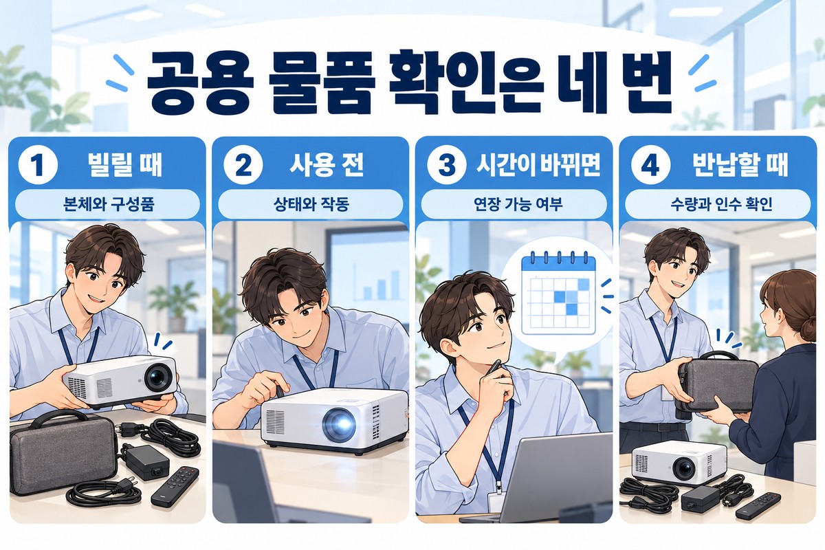 회사 공용 물품의 수령 구성과 작동 상태, 연장 여부, 반납 확인을 설명하는 네 가지 카드