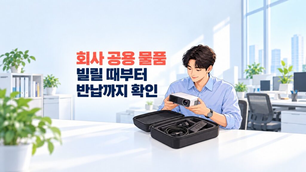 회사 공용 물품을 빌리기 전 프로젝터와 가방 속 구성품을 확인하는 직장인