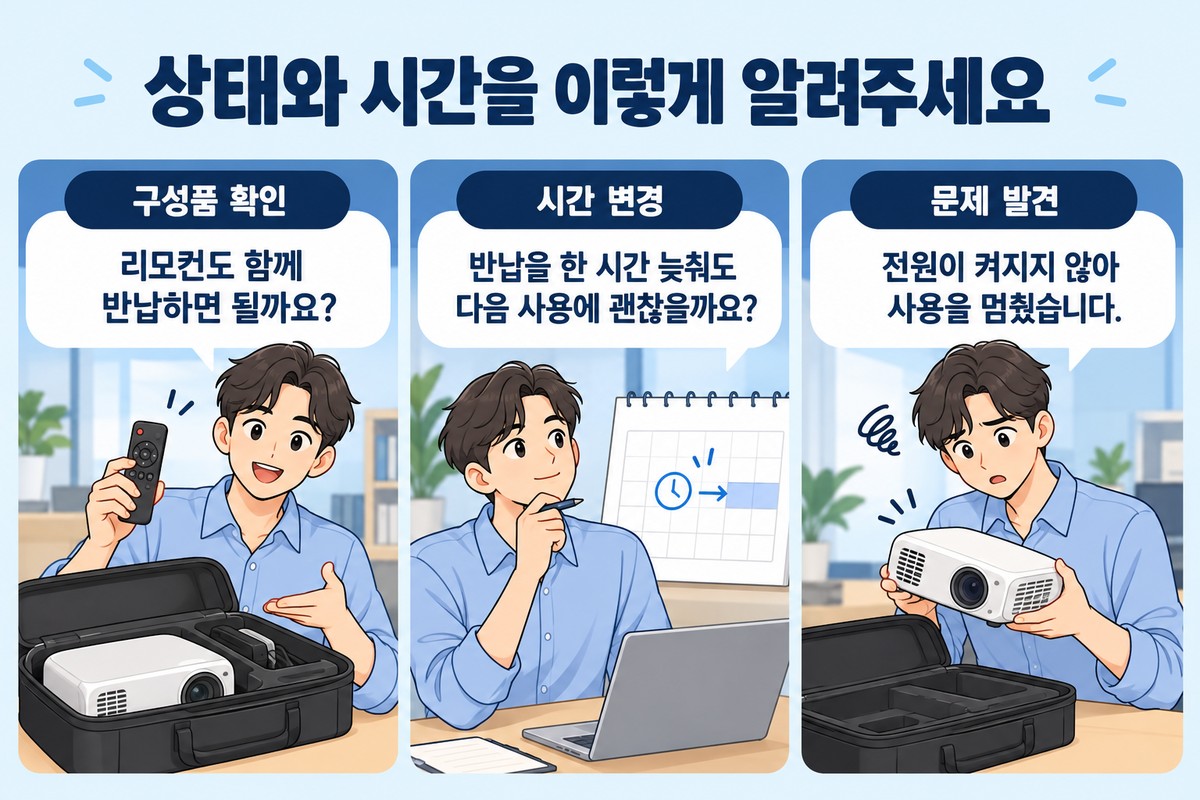 회사 공용 물품의 구성품과 반납 시각, 작동 문제를 담당자에게 알리는 세 문장