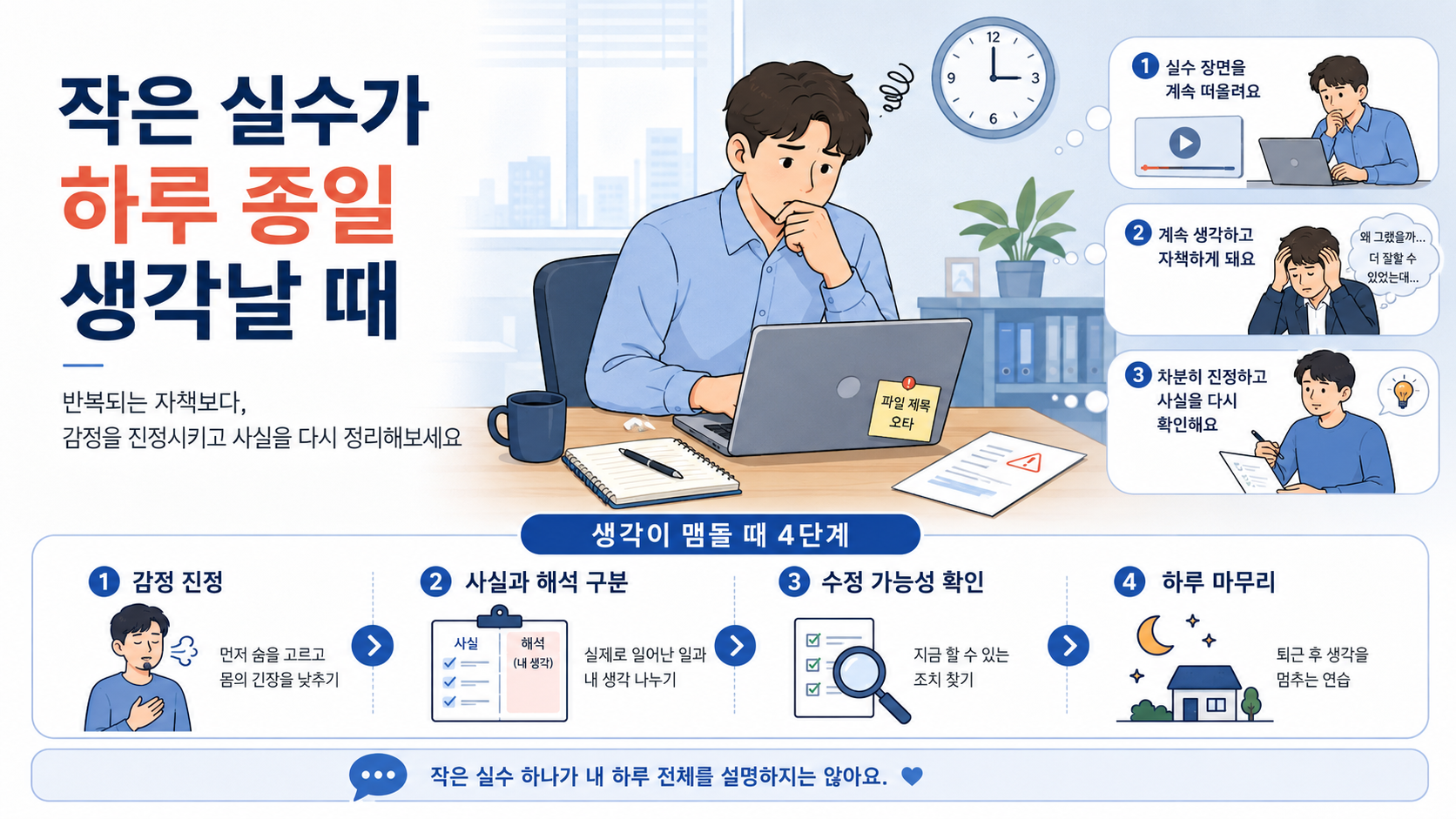 작은 업무 실수가 하루 종일 떠올라 자책하는 직장인과 생각을 멈추는 4단계