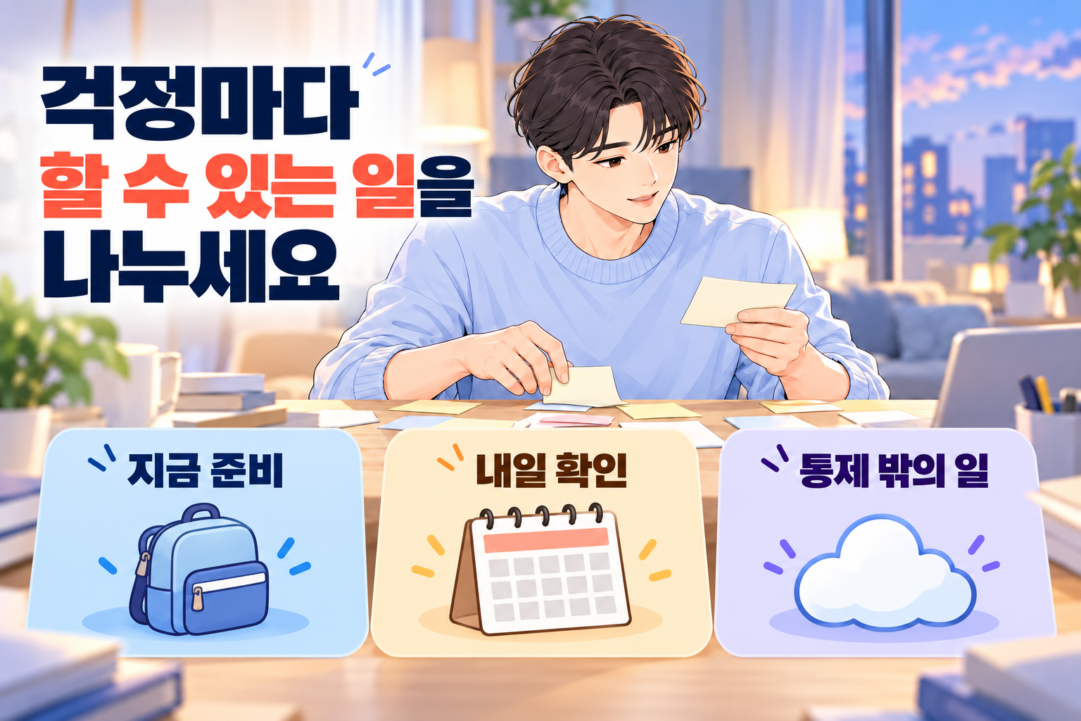 일요일 밤만 되면 회사가 걱정될 때 지금 준비할 일과 내일 확인할 일, 통제 밖의 일을 나누는 장면