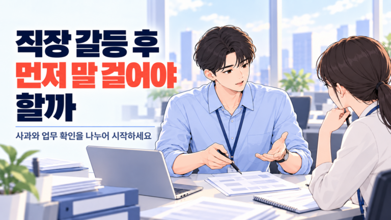 직장 갈등 후 먼저 말 걸어야 할까 고민한 뒤 동료와 업무 확인을 시작하는 신입사원