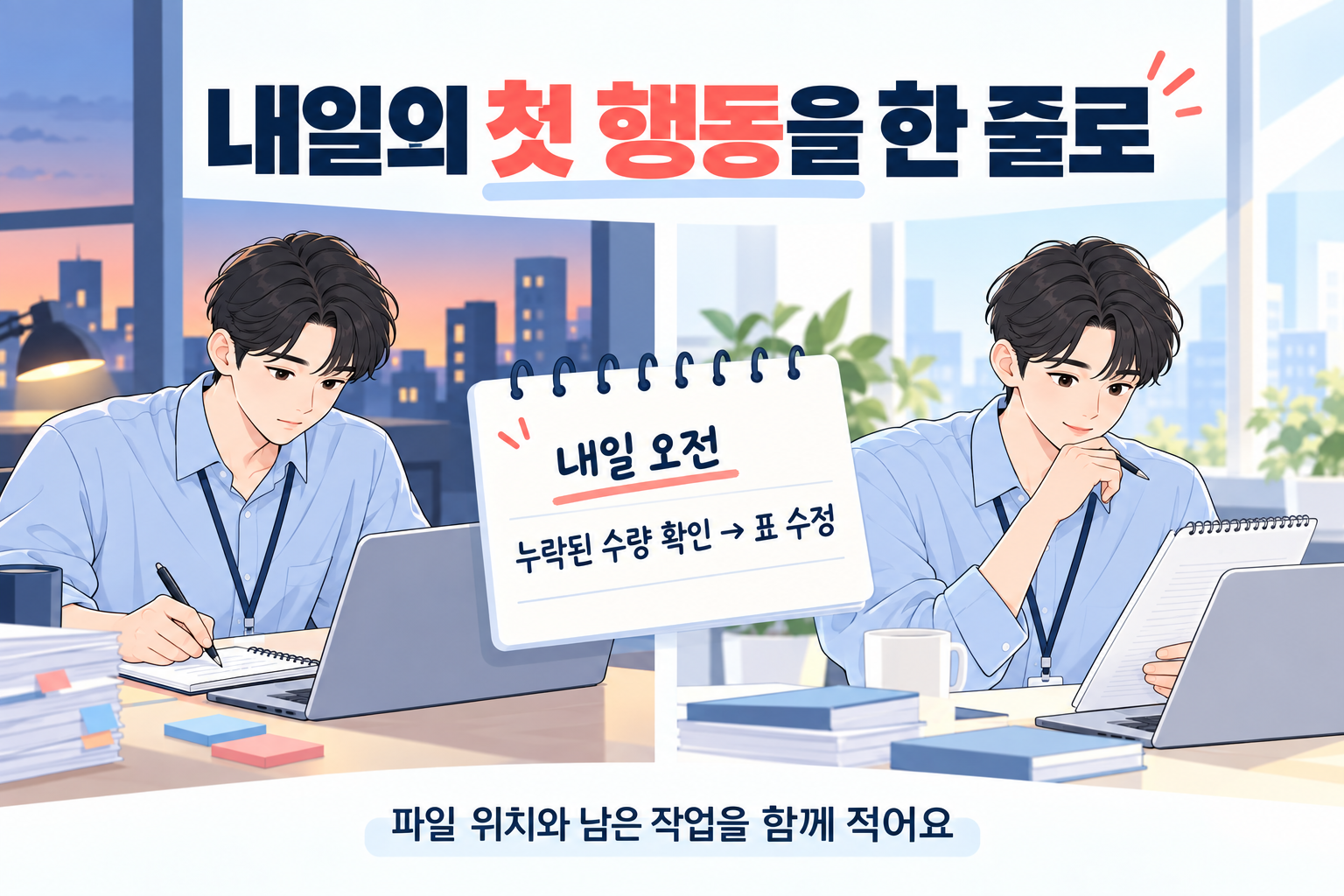 다음 날 확인할 수량과 첫 행동을 노트에 적는 신입사원