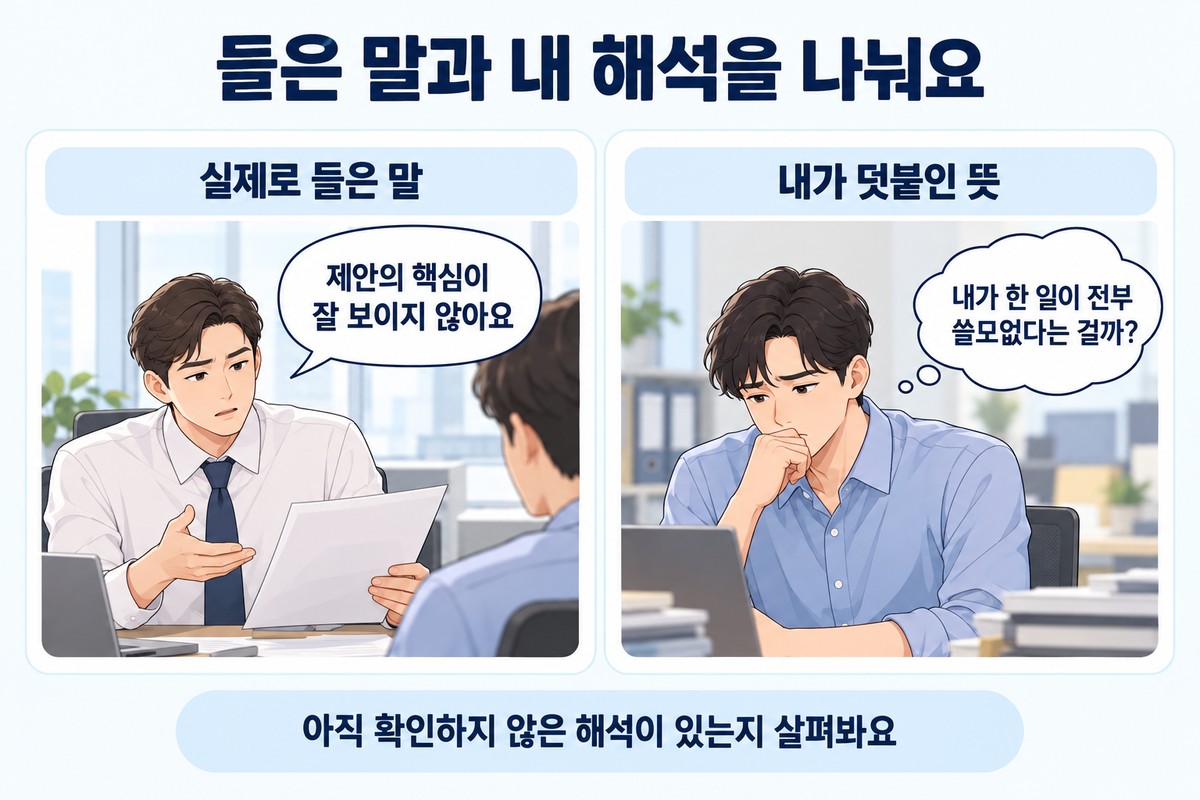 피드백이 기분 나쁠 때 들은 말과 내가 덧붙인 해석을 나누는 두 카드