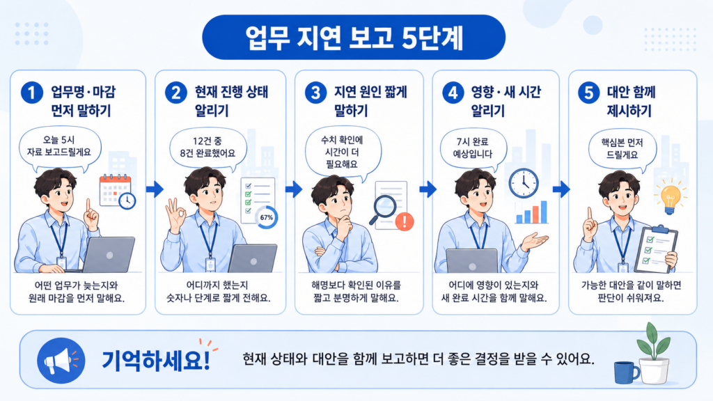 업무 지연 보고 6단계를 순서대로 보여주는 픽토그램