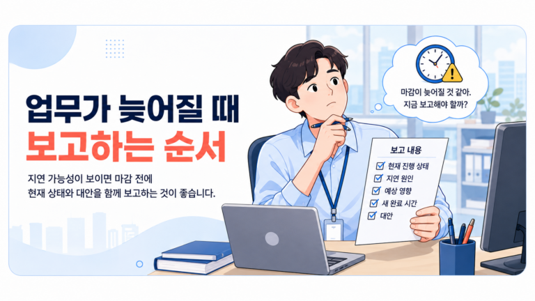 업무 지연 보고 내용을 정리해 상사에게 새 완료 시간과 대안을 설명하는 직장인