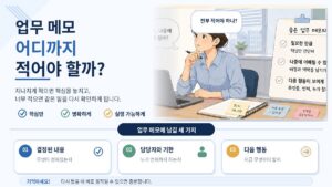 사무실 책상 앞에서 업무 메모를 어디까지 적어야 할지 고민하는 직장인과 좋은 메모의 기준을 보여주는 일러스트