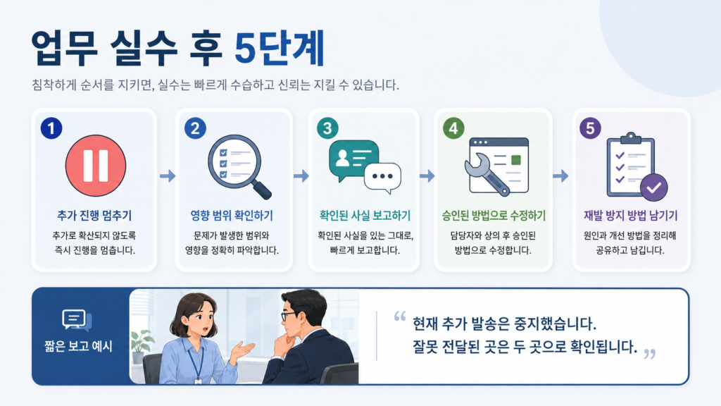 업무 실수 후 추가 피해 중단부터 재발 방지까지 보여주는 5단계 픽토그램