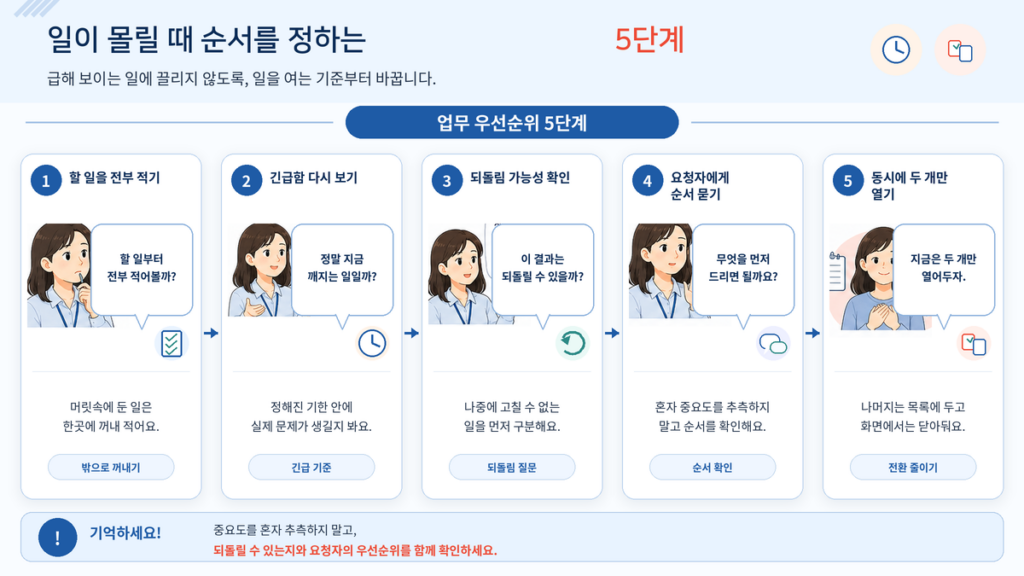 일이 몰릴 때 할 일 적기부터 동시 진행 줄이기까지 업무 우선순위를 정하는 5단계 인포그래픽