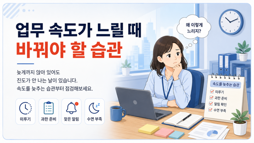 사무실 책상에서 업무 속도가 느린 이유를 고민하는 직장인과 미루기, 과도한 준비, 잦은 알림, 수면 부족을 보여주는 일러스트